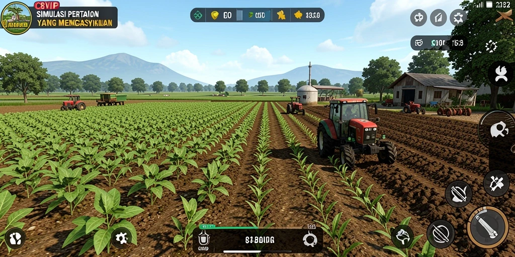 Tampilan gameplay C8VIP dengan pertanian yang subur dan aktivitas bertani.