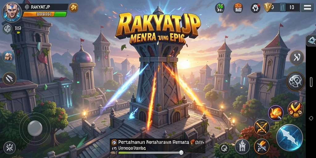 Tampilan gameplay RAKYATJP dengan aksi menara yang mendebarkan.