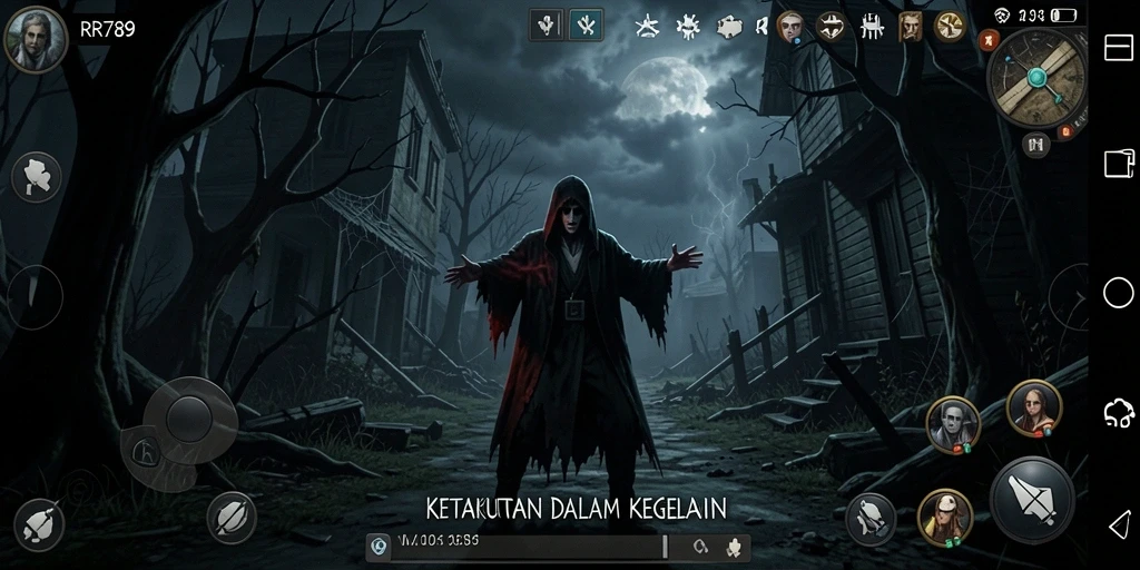 Screenshot utama RR789 menampilkan karakter yang terjebak dalam kegelapan.