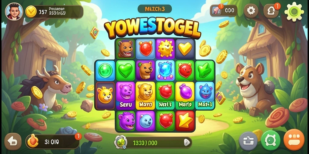 Tangkapan layar YOWESTOGEL menunjukkan gameplay Match-3 yang seru.
